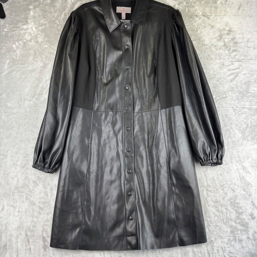 Laurie Felt Black Faux Leather Shirt Dress Womens XL Button Up Shirt (1378)